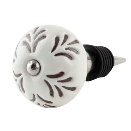 Cream Etched Leaf Ceramic Wine Bottle Stopper